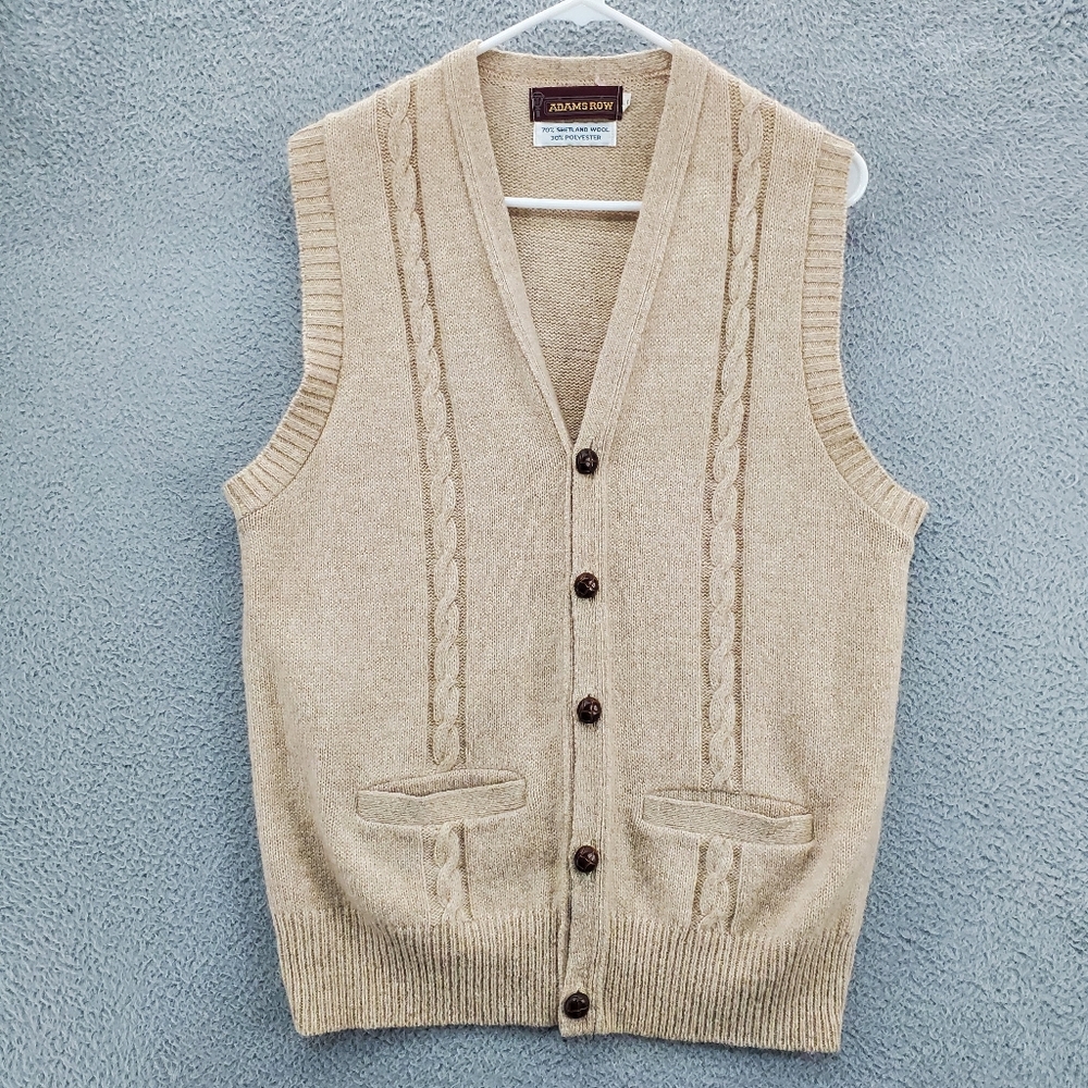 Vintage Adams Row Sweater Vest Mens Large Tan Shetland Wool Blend Cable Knit